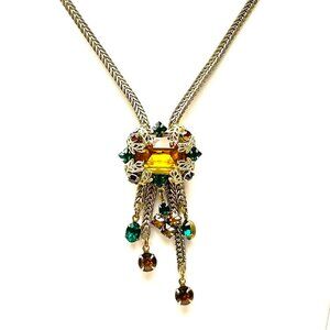 1940s Austrian Crystal Y Necklace Herringbone Chain — Miriam Haskell Style — EUC